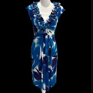 Maggie London V Neck Blue Print Cocktail Dress Rosette Neckline Gathered Front